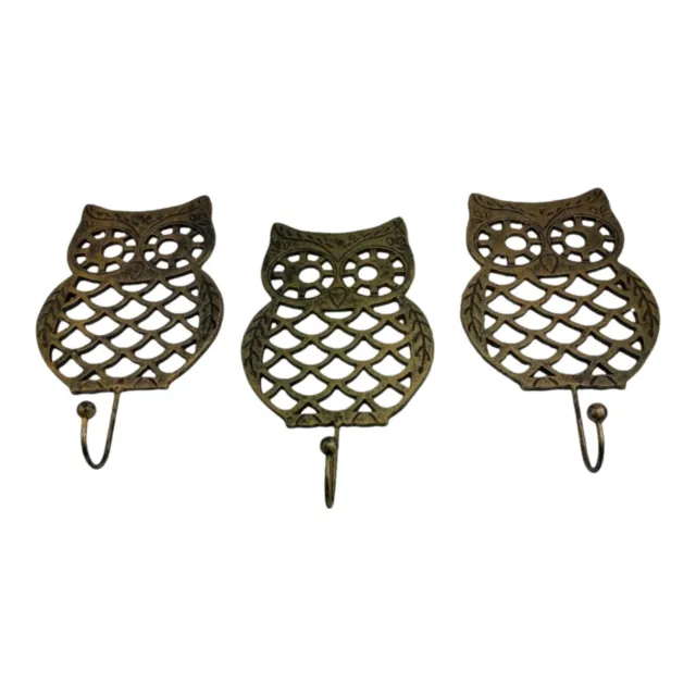 Cast Iron Antique Brass Owl Wall Hooks Robe Hooks Coat Hook Hangers 12" Set Of 3