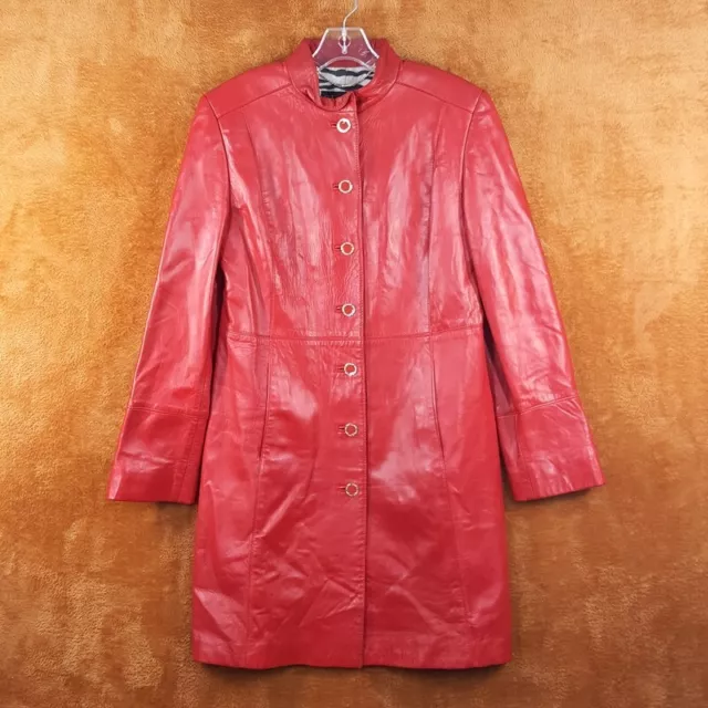 ST JOHN Womens Jacket Medium Red Leather Button Up Lined Coat Mid Length