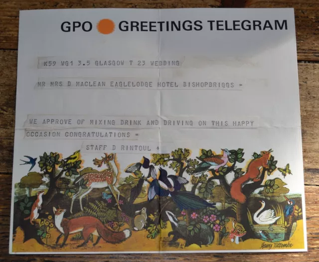 Vintage 1960s Harry Titcombe GPO Telegram to Eagle Lodge Hotel Bishopbriggs