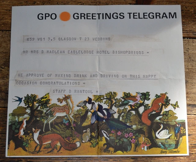 Vintage 1960s Harry Titcombe GPO Telegram to Eagle Lodge Hotel Bishopbriggs