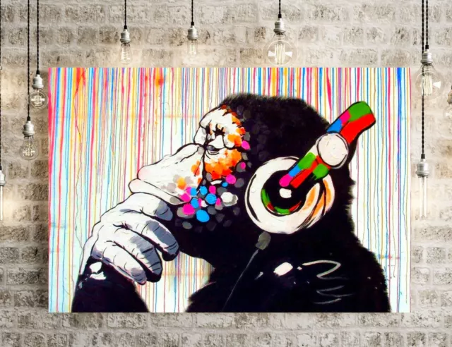 Banksy DJ Monkey headphones Rainbow Printed Framed Canvas Wall Art or Poster 2