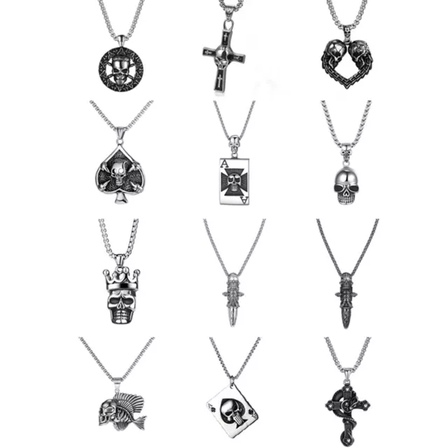 Gothic Mens Stainless Steel Punk Skull Pendant Chain Biker Necklace Halloween