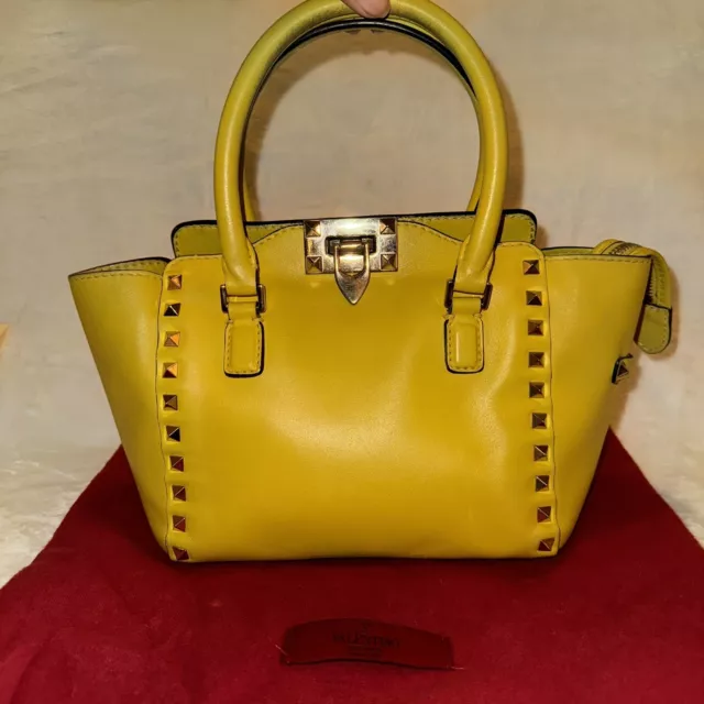 Valentino Yellow Leather Rockstud Small Double Handle Tote Bag