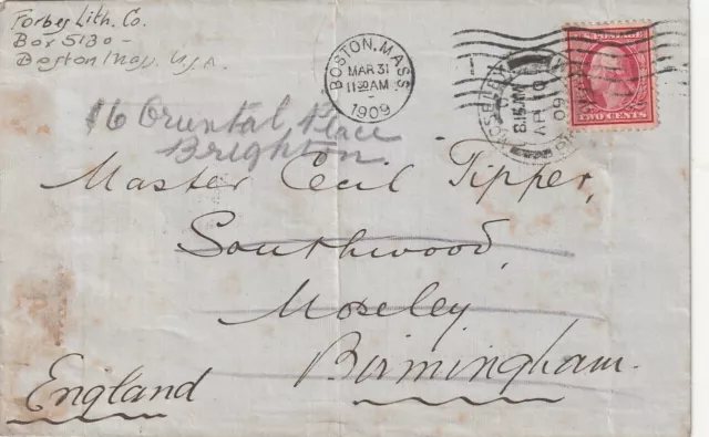 1909 Envelope with 2c Red Boston post mark redirected in GB Birmingham/ Brighton