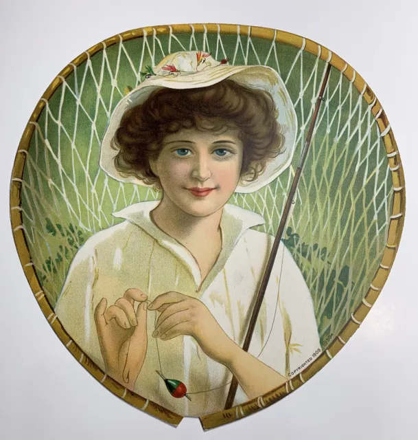Stunning 1909 Beautiful Lady Fishing Net Rod Adv Fan Sign Buffalo New York Minty