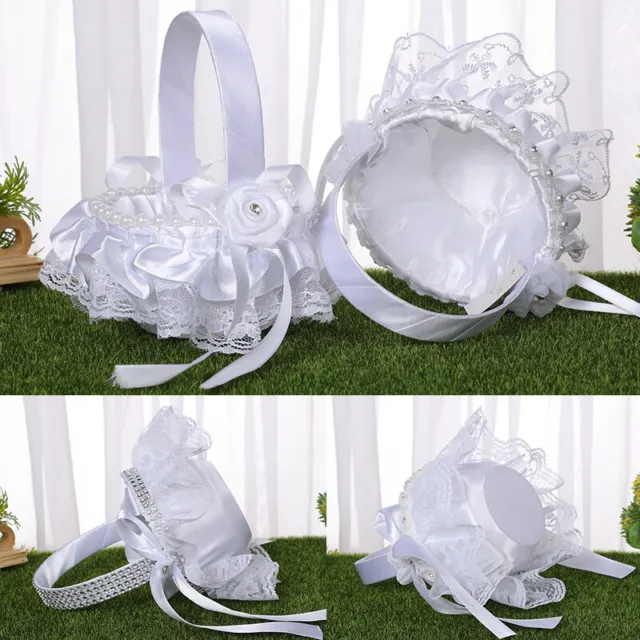 Lace White Satin Bowknot Pearl Flower Girl Basket Wedding Party Decoration NEW