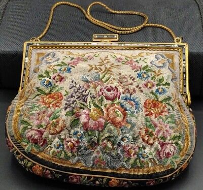 Antique Brass Ornate Glass Jeweled Purse Floral Micro Petit Point Marcasite