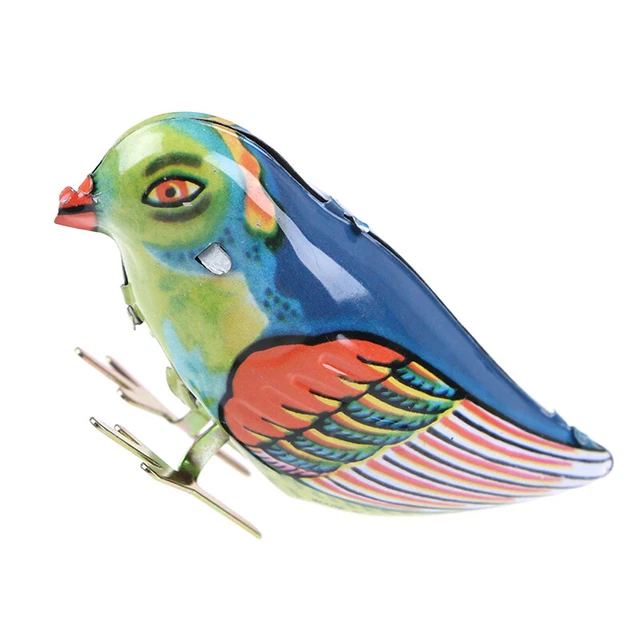 WIND UP CLOCKWORK pecking song blue bird magpie tin toy vintage retro