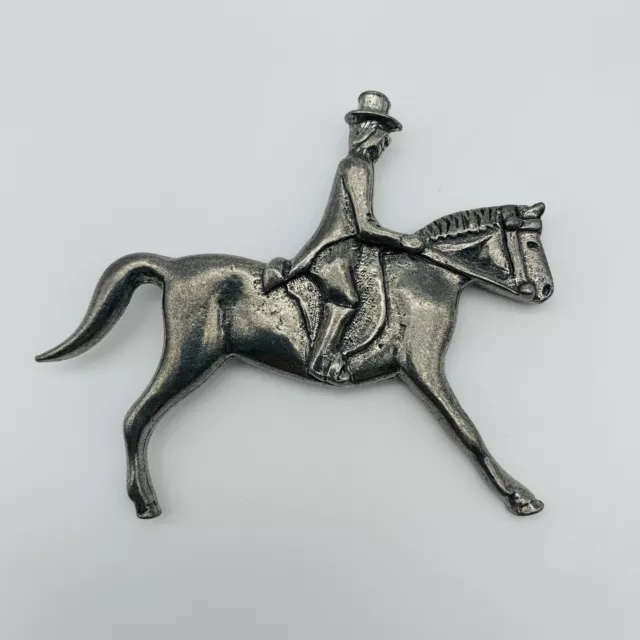 English Pewter Horse Rider Brooch Pin Silver Tone England Great Britain Axcess