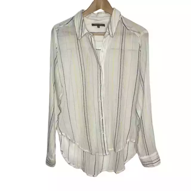 Michael Stars Womens Long Sleeve Boyfriend Shirt Large Cream Beach Stripe Gauze