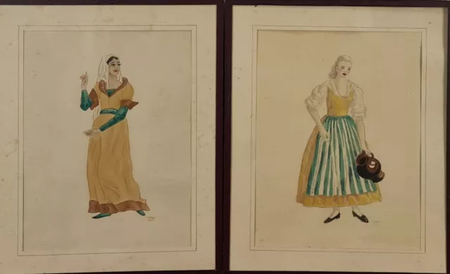 Couple De Dessins De Mode. Aquarelle Sur Papier. Signé J. Amat. Xxe Siècle.