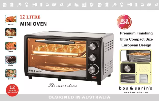 12L Toaster Oven Powerful 800W Bake Grill Broil Toast Timer Temp & Heat Selector