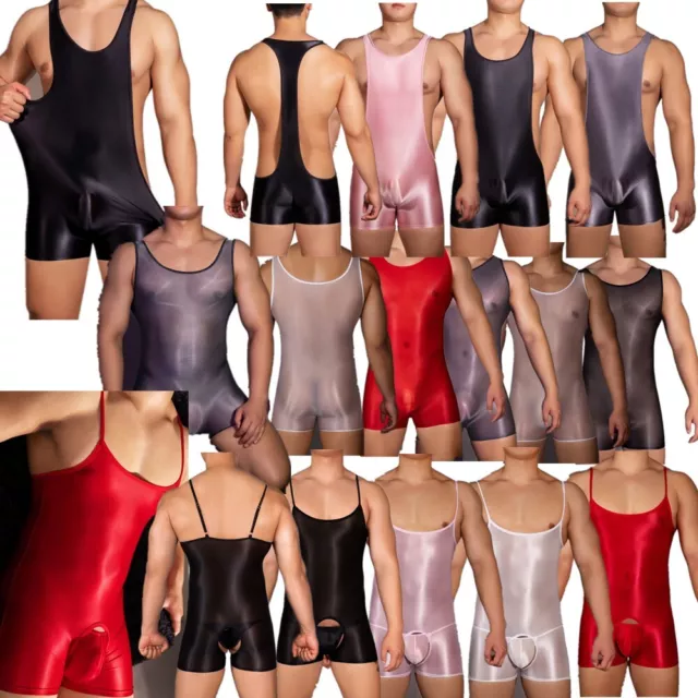 Men Shiny Glossy Sleeveless Boxer Bodysuit Lingerie Wrestling Singlet Leotard