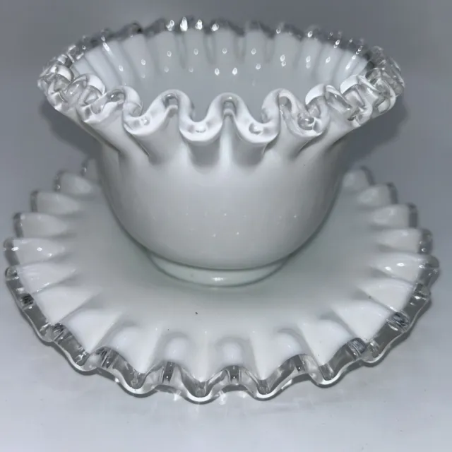 Vintage Fenton Glass White Silver Crest Petticoat Glass BOWL  AND PLATE SET