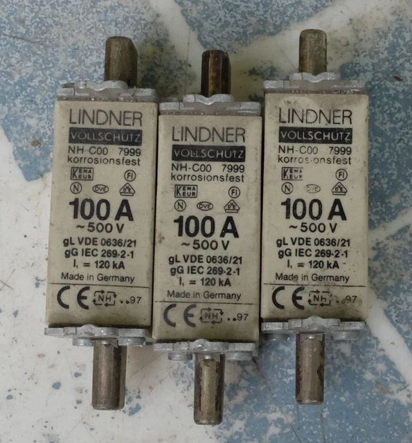 3x Lindner NH-C00 7999 cartouche à couteau Fusible 100A gL-gG 500V. Lot de 3. 2