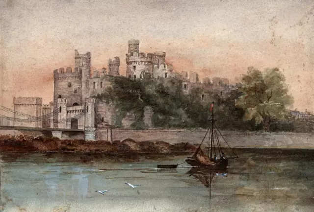 CONWY CASTLE WALES Antique Watercolour Painting - 19TH CENTURY