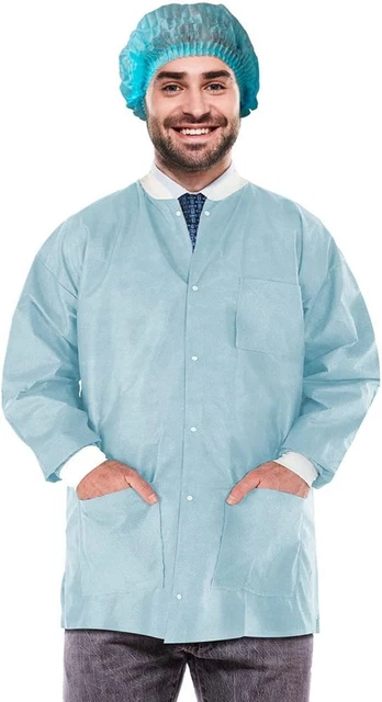 Disposable Lab Jackets; 29 Long. Pack of 10 Sky Blue Hip-Length Work Gowns