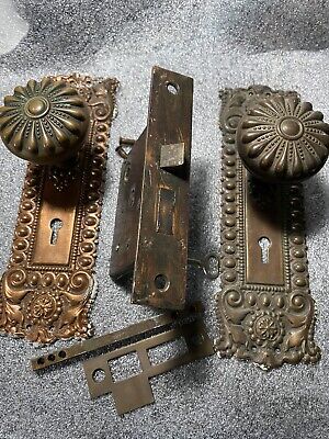 Antique Russel & Erwin Mortise Lock & Key Door Knobs Backplates Pat. Jan/29/1889