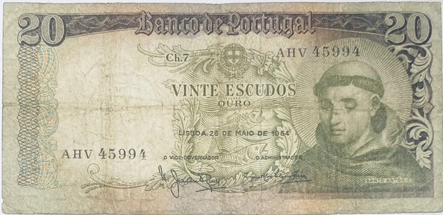 1964 Portugal 20 Portuguese Escudos Banknote *Pre-Coin/Euro Coutinho/Airplane Eu