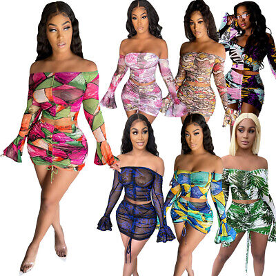Fashion Club Party Women Boat Neck Long Flare Sleeves Colorful Print Dress 2pcs