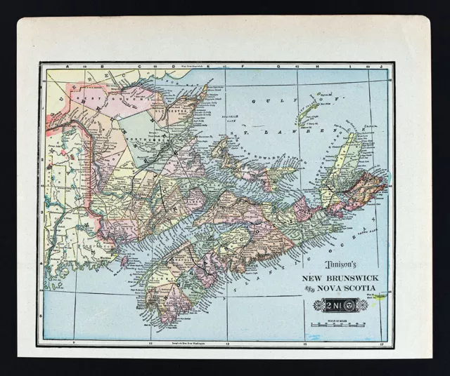 1901 Tunison Map New Brunswick Nova Scotia Halifax Frederickton Fundy Bay Canada