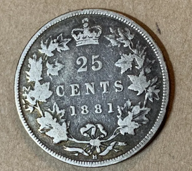 1881-H Canada 25 Cents Silver Quarter, F+++, Long Bough, Semi-Rare