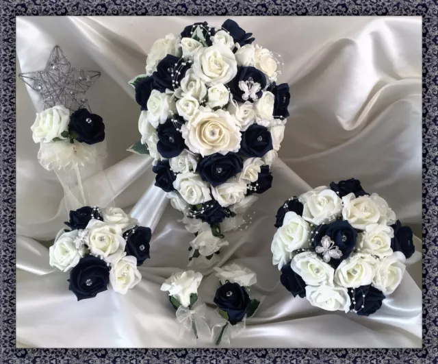 Brides,Bridesmaids Wedding Bouquet Flowers Navy/Ivory or White