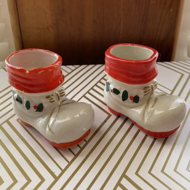 2 Christmas Vtg Miniature Santa Boot Decor Ceramic Toothpick Holder Holly Japan