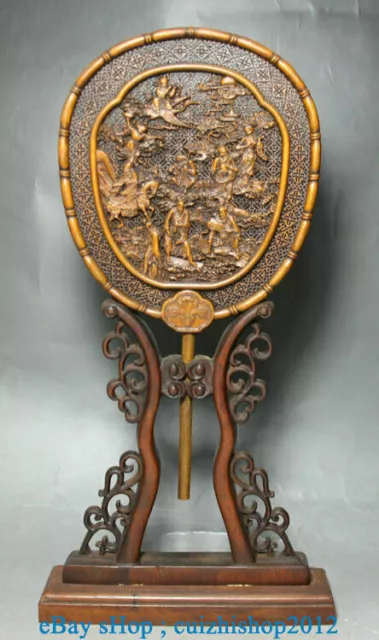 12" Old Chinese Boxwood Wood Carved 8 immortals God Fan Decorate Statue