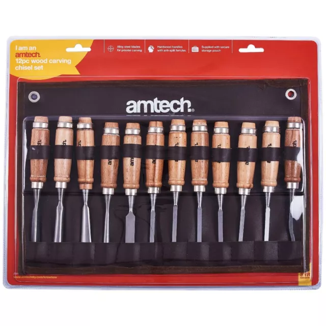 Wood Carving Chisel Steel Tool Set 12Pc Long Handles Woodworking Kit E0900 AmTec