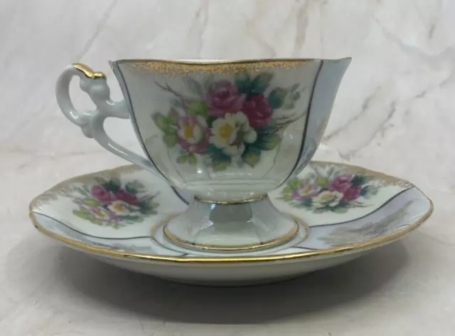 Vintage L M Royal Halsey Very Fine Footed Teacup with Saucer Roses Lusterware