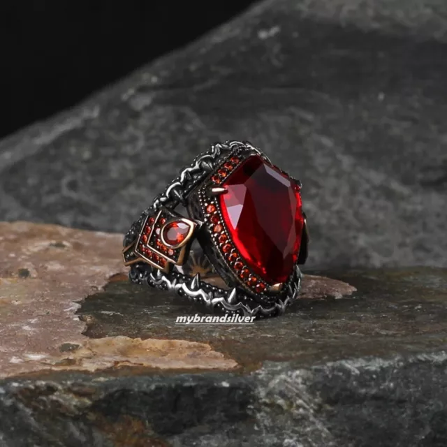 925 Sterling Silver Turkish Handmade Jewelry Garnet Stone Men's Ring All Size