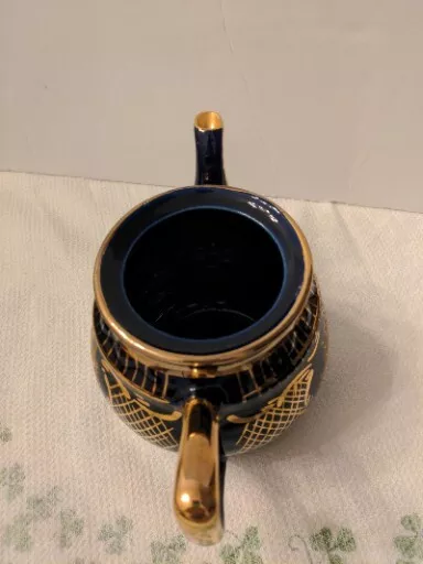 Vintage English Tea Pot Cobalt Blue with Gold Gilt Floral Pattern NO Lid 3