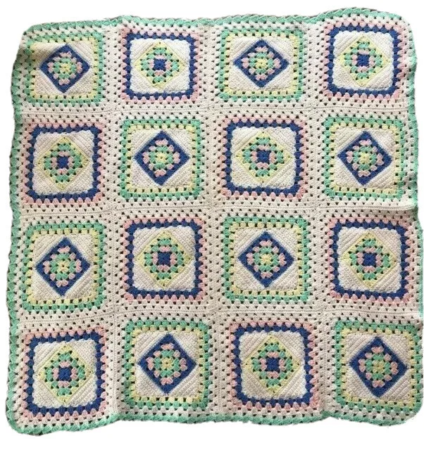 Afghan Granny Square Crochet Blanket White SofaThrow Hand Made Pastel 53x49 Vtg