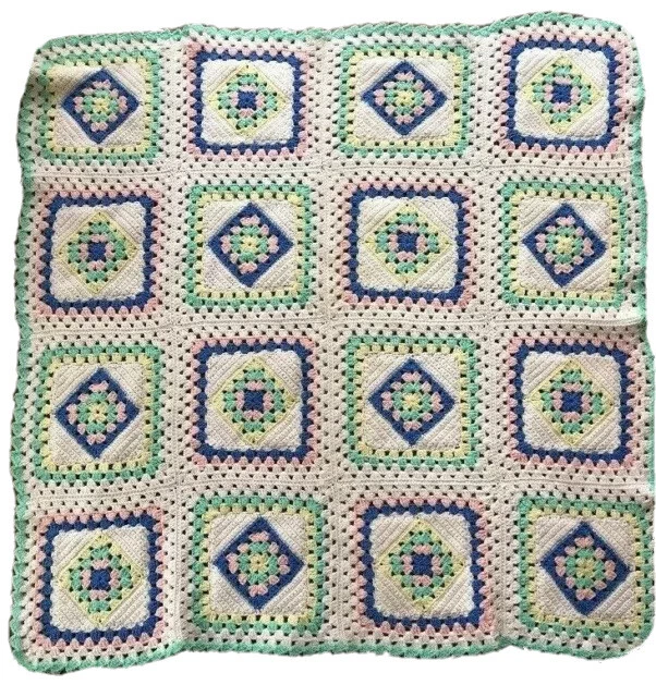 Afghan Granny Square Crochet Blanket White SofaThrow Hand Made Pastel 53x49 Vtg