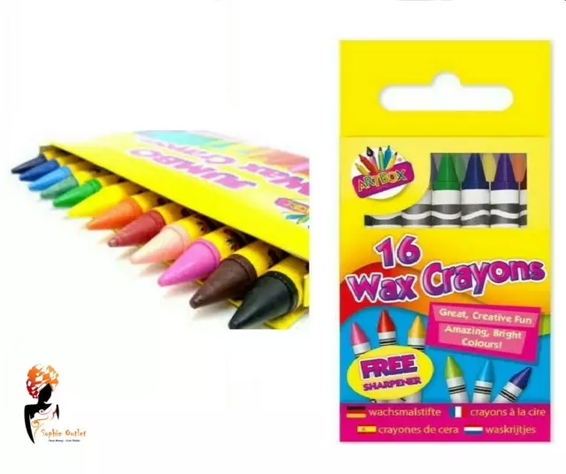 16 WAX CRAYON + FREE SHARPENER Colouring Art & Craft Kids School Stationary UK