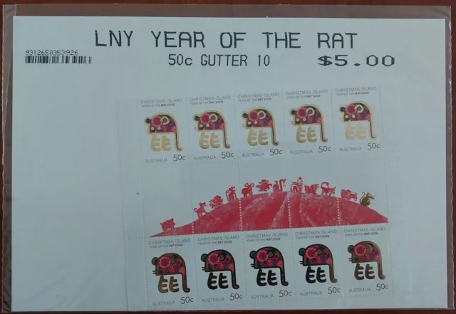 Christmas Island 2008 - Year of the Rat, Gutter Block of 10, UNOPENED Pak - MNH