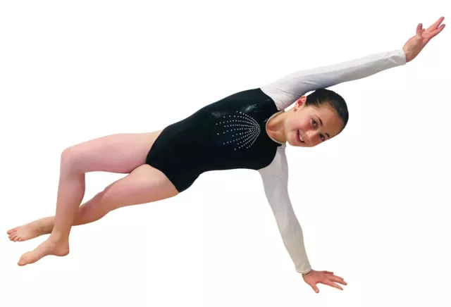 NEW BLACK & WHITE SHINY LONG SLEEVE LEOTARD Gymnastics Dance Acrobatics Quality 2