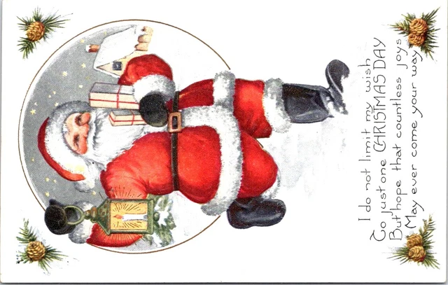 1920 Full Length SANTA Carrying a Lantern, CHRISTMAS Greetings Postcard