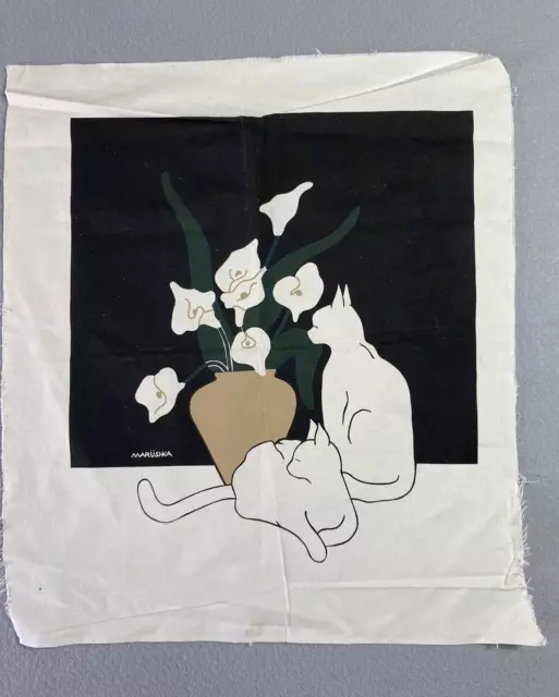 Vintage Marushka Cats and Calla Lillies Black and White cotton canvas 20x26 ***