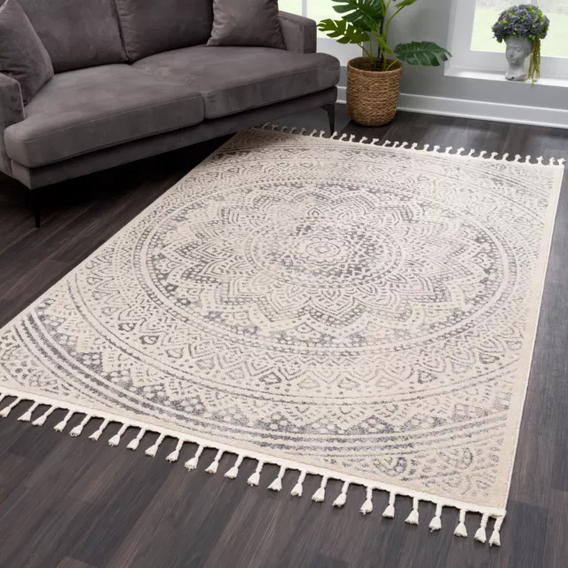 Tappeto Soggiorno Grigio Pelo Corto con Frange - Orientale Mandala - Classica