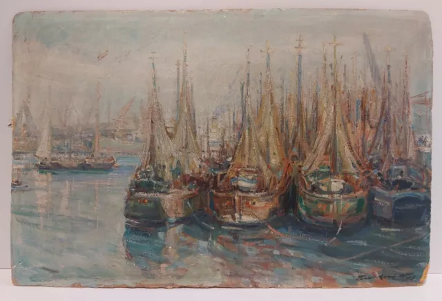 Tableau ancien, huile sur panneau peintre J-R. NYS, marine port pêche chalutiers