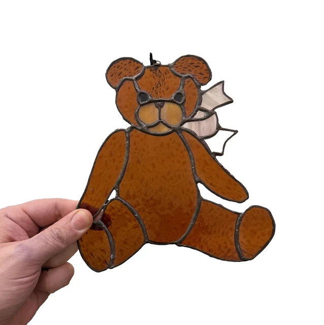 Vintage Stained Glass Teddy Bear 8” Tall Sun-catcher Rippled Back