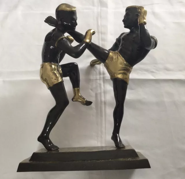 Art Deco Brass Statue  - Stunning Muay Thai Kickboxers - Black With Gold Trims