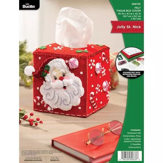 Bucilla Tissue Box Cover Felt Applique Kit - Jolly St. Nick 89678E