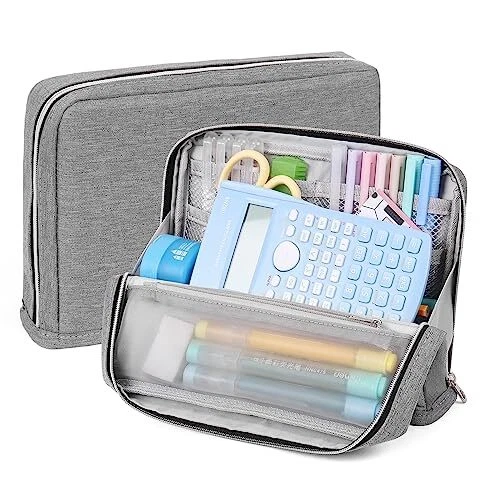 Standing Pencil Case Big Capacity Pencil Pouch Large Stationery Organizer Grey
