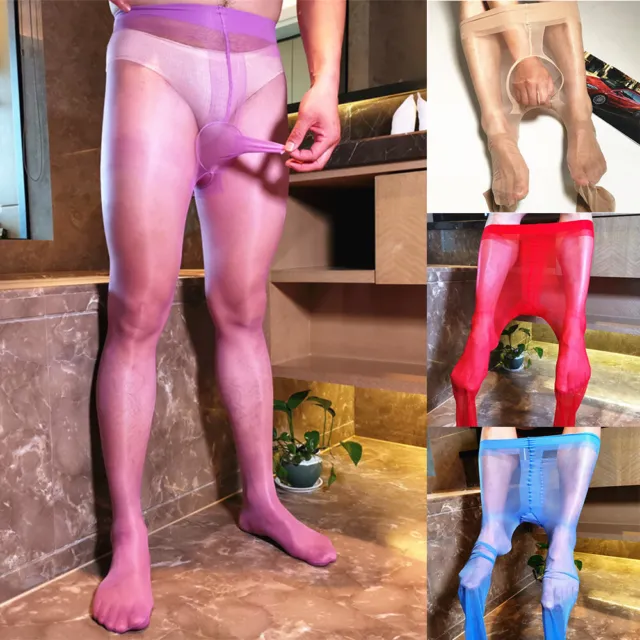 Men's Oil Shiny Glossy Pantyhose High Waist Ultral Thin Sheer Tights Stockings