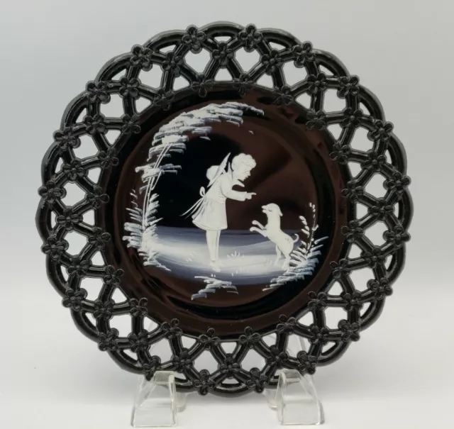 Vintage Westmoreland Mary Gregory Black Amethyst Reticulated Plate Girl with Dog