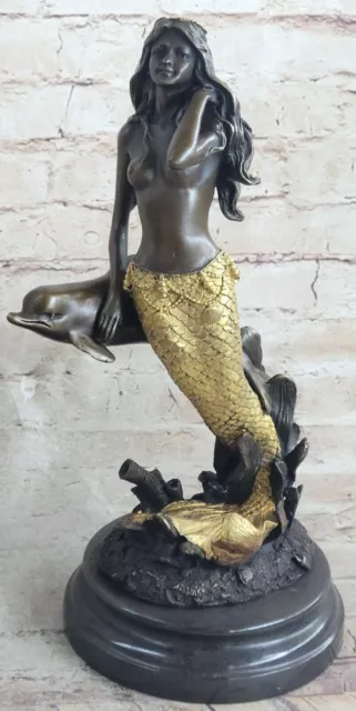 14" European Bronze Fairy Belle Mermaid Sea-maid Nude Sea-maiden Dolphin Statue