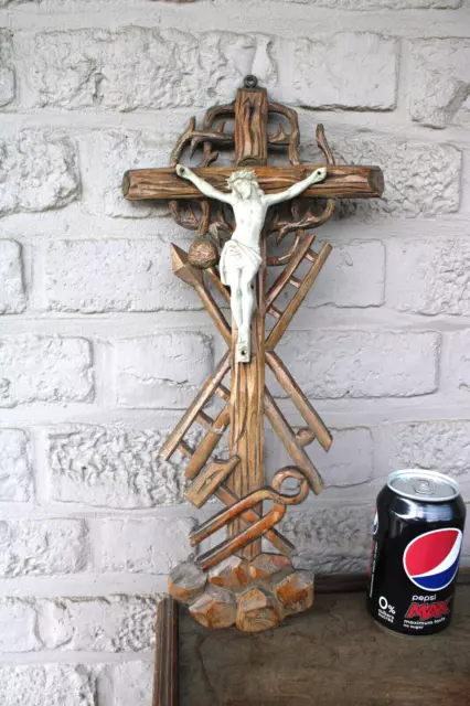 Antique wood carved crucifix bisque porcelain corpus christ